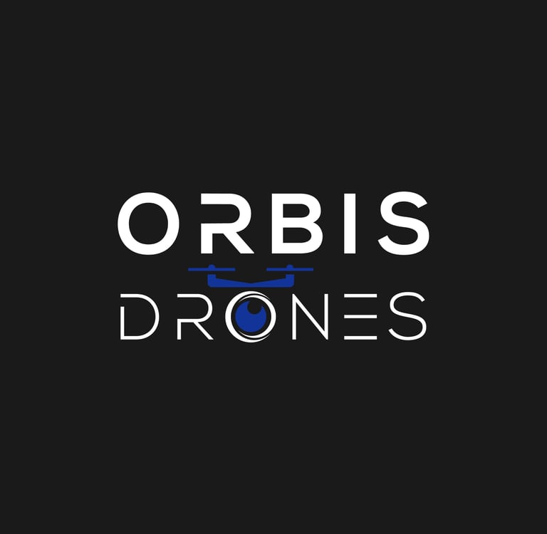 Orbis Drones professional logo featuring white sans-serif typography and a blue drone icon on a black background.