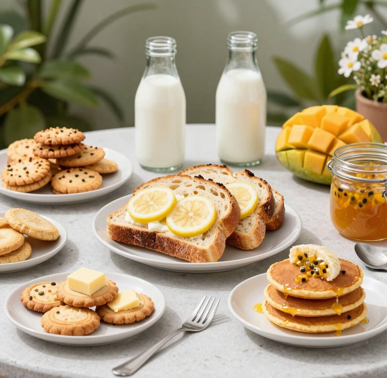 mesa en jardin con galletas panques pan mermelada y kéfirr