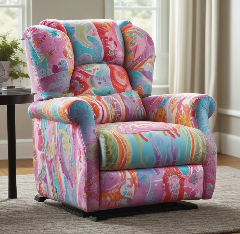 A comfy recliner in soft pastel fabric, placed next to a window with warm natural light pouring in.