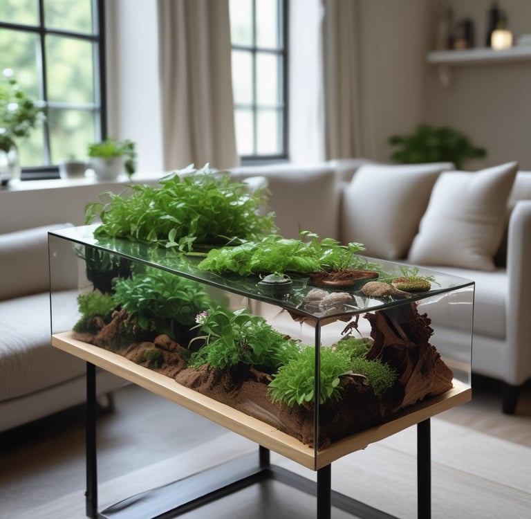 A charming wooden cabinet with intricate feng-shui inspired carvings, surrounded by lush green plants.