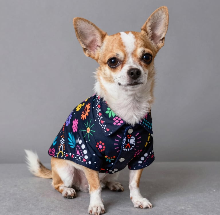 Perro chihuahua con camisa de tematica de dia de muertos