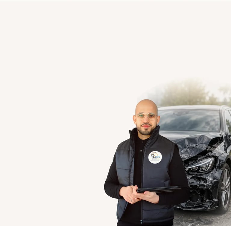 Kfz Gutachter vor verunfalltem Fahrzeug
