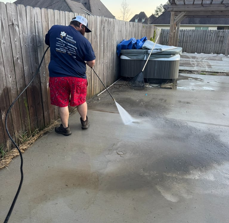 Professional pressure washing service cleaning a dirty concrete patio and wood fence in a residential backyard.