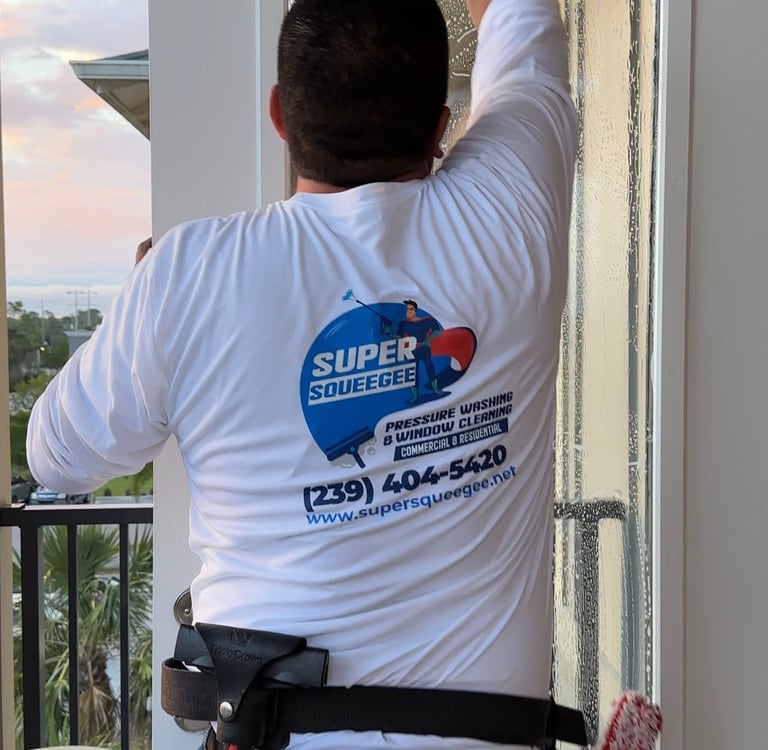 SuperSqueegee technician cleaning residential windows in Naples FL