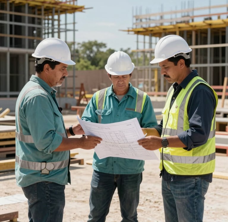 Professional photography of a construction team reviewing blueprints on a sunny day at a site in the North American / Mexican / Yucatán region. The scene is clean and orderly, reflecting precision and modern project management, with workers wearing safety gear in muted teal and dark slate.
