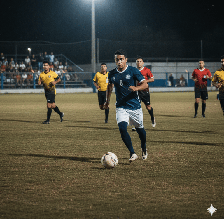 Jesús Adahir “El Calendario” Salazar conduce el balón en duelo nocturno con Los Pichones en Navojoa, Sonora.