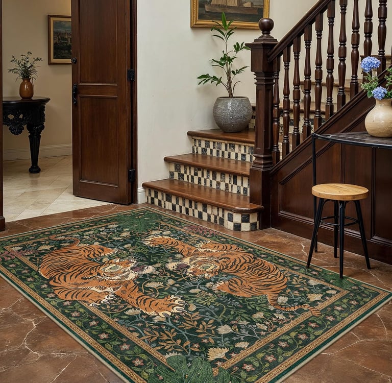 Green tiger area rug with floral patterns in a traditional home entryway with wooden stairs.