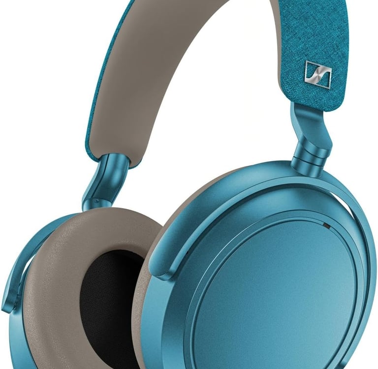 Sennheiser Momentum 4 wireless noise-canceling over-ear headphones in denim blue and tan.