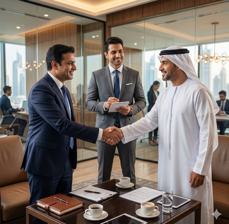 Businessmen shaking hands during a successful meeting in a modern Dubai office.