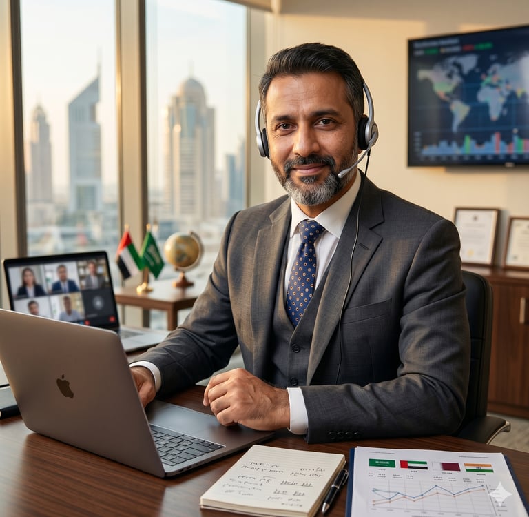 Professional Middle Eastern businessman in a suit with headset hosting a video conference call in a Dubai office.