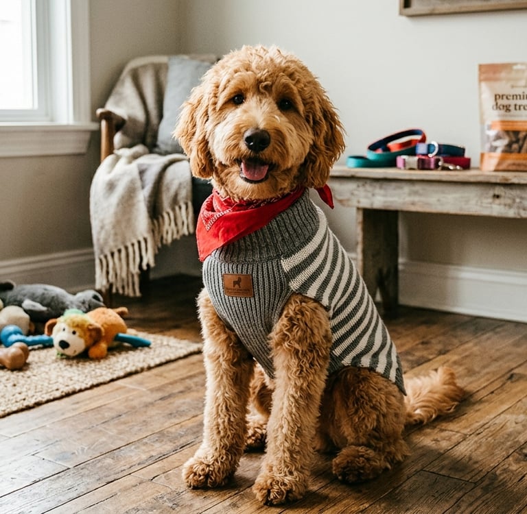 Golden Goldendoodle puppy wearing a striped dog sweater and red bandana sitting on hardwood floors with pet toys.
