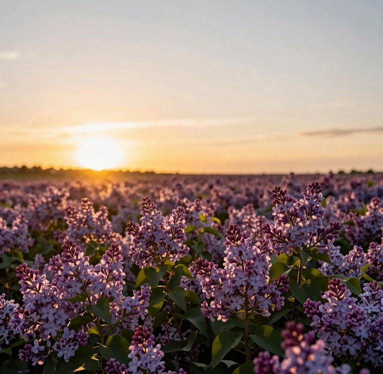 A field of purple lilac flowers blooming under a warm golden sunset.