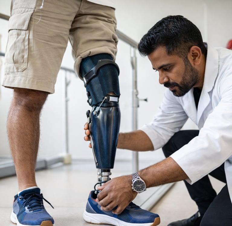 Custom prosthetic leg fitting in a clinical setting in Noida, India