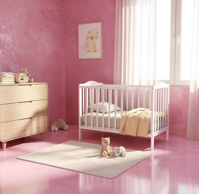 Modern children's room in shades of pink, all finished with microcement.
