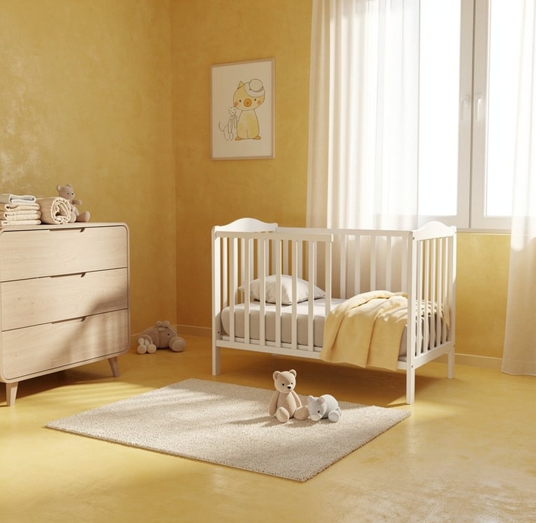 Modern children's room in soft yellow with microcement, featuring a white wooden crib, light oak dre