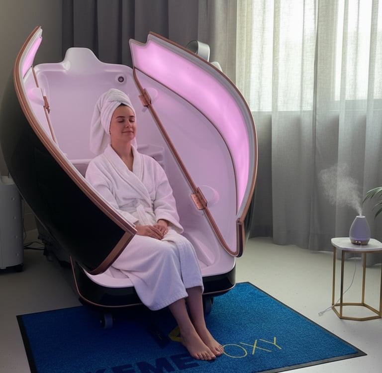 Woman in white robe relaxes in a futuristic Sauna Ozone therapy in Kemet Oxy Clinic.