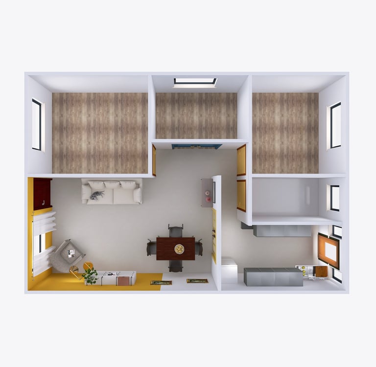 Plano 3D de distribución de interiores para departamento moderno por Atípico Studio
