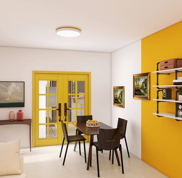 Diseño de comedor moderno con paredes de acento amarillo y estantería industrial de autor.