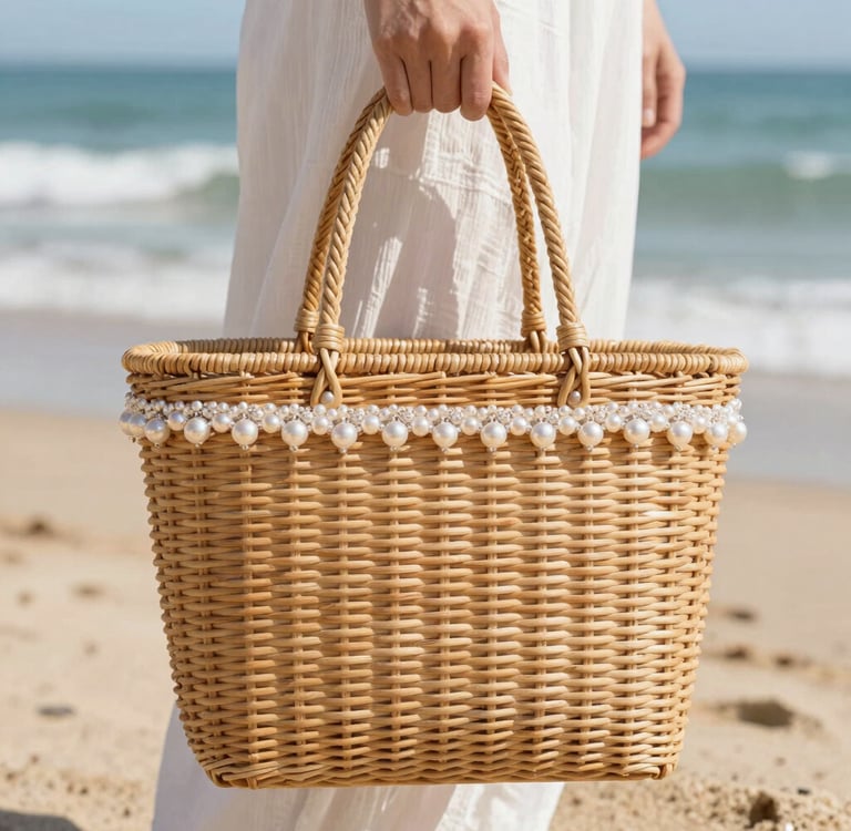 A model carries a large woven straw tote bag decorated with white floral embroidery and wooden beads.
