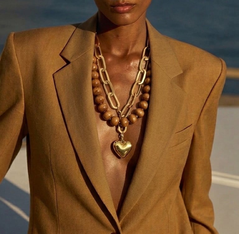 A woman wears a tan linen blazer with chunky gold chain and wood bead heart necklaces.