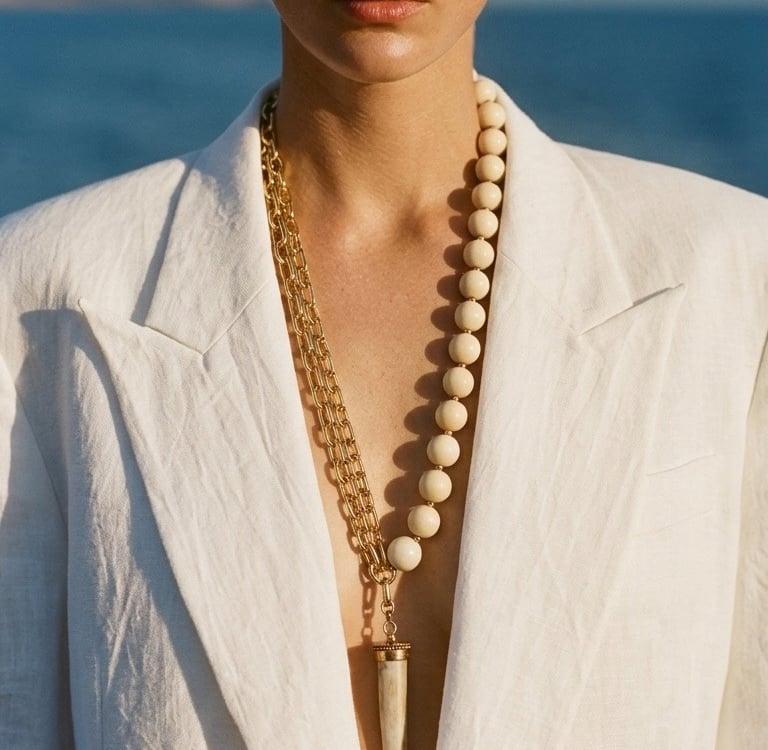 A woman wearing a white linen blazer and a luxury gold chain necklace with beads and a horn pendant.
