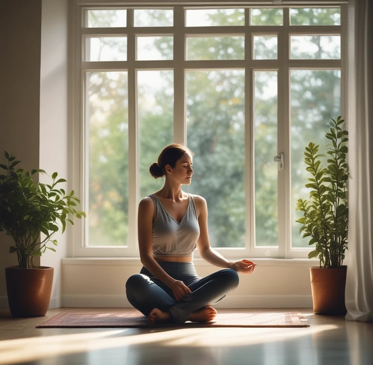 Woman practicing mindfulness meditation on a yoga mat in a bright room with indoor plants.
