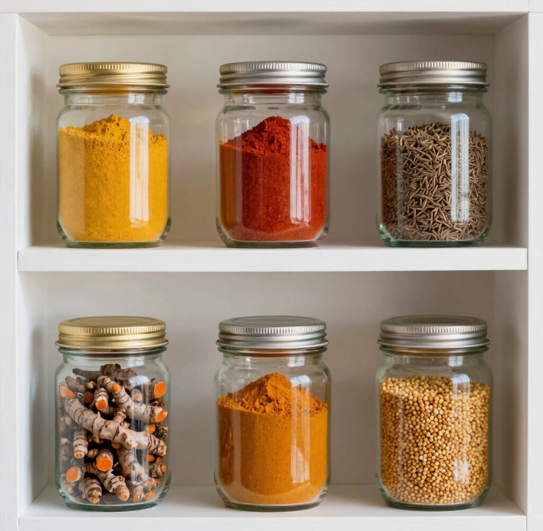 A warm kitchen scene with jars of grains and oils neatly arranged on a wooden shelf.