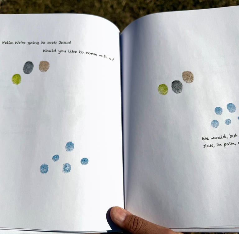 Interior of book titled SEEK with fingerprint characters having conversation