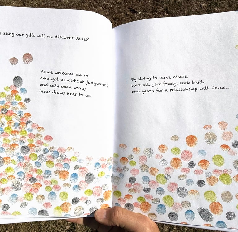 Interior of book SEEK with many fingerprint characters gathered