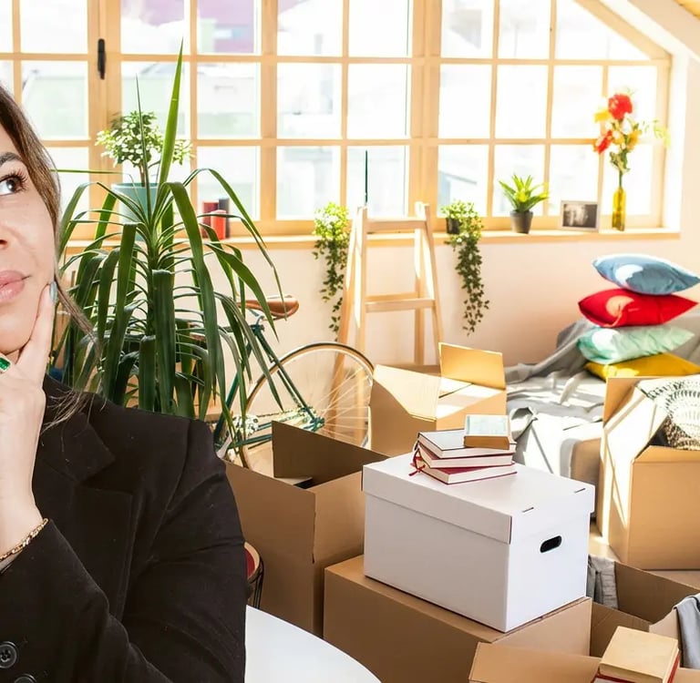 A room is in the middle of decluttering and a Professional Organiser with a thoughtful expression