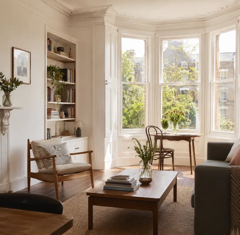 A bright, airy Victorian London living room showing a calm, organised space with minimal surfaces
