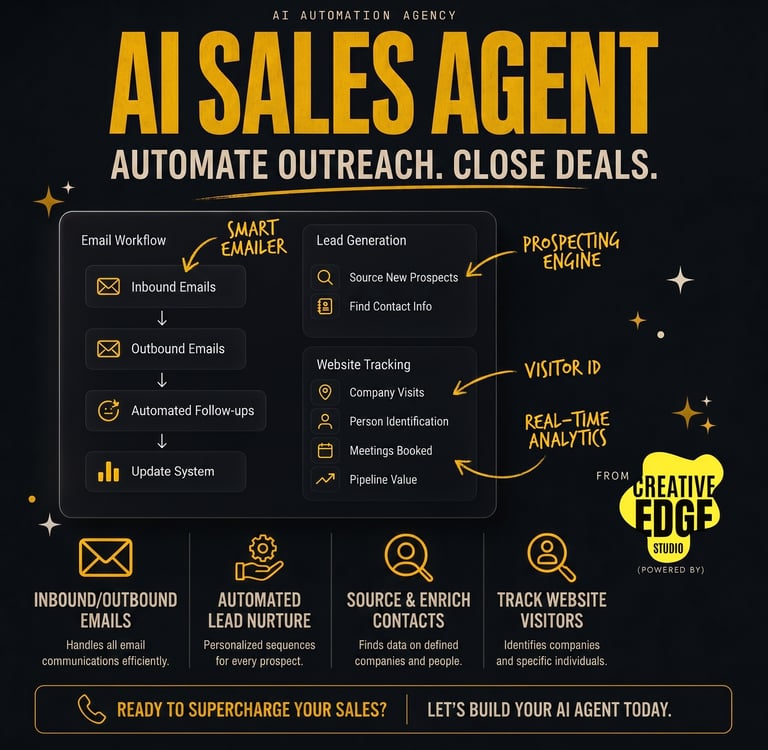 Infographic explaining an AI sales agent workflow for automated outreach, lead generation, and website tracking.