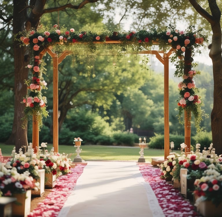 a wedding ceremony canopy with a wooden frame decorated with flowers