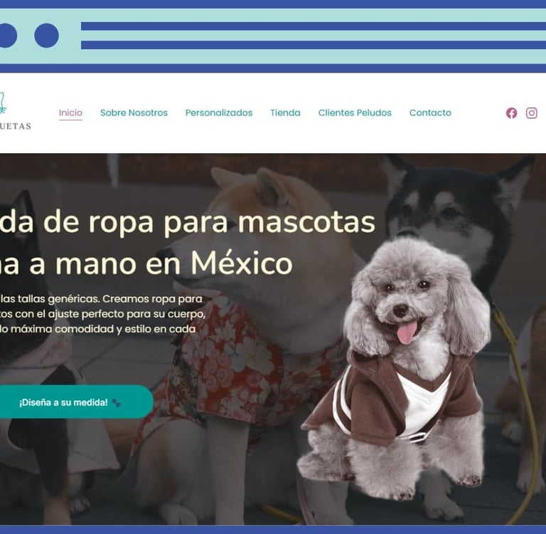 Handmade pet clothing website featuring dogs wearing stylish custom sweaters and outfits in Mexico.