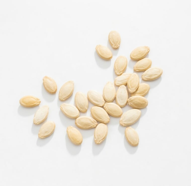 Scattered whole white pumpkin seeds on a clean white background for cooking or snacking.