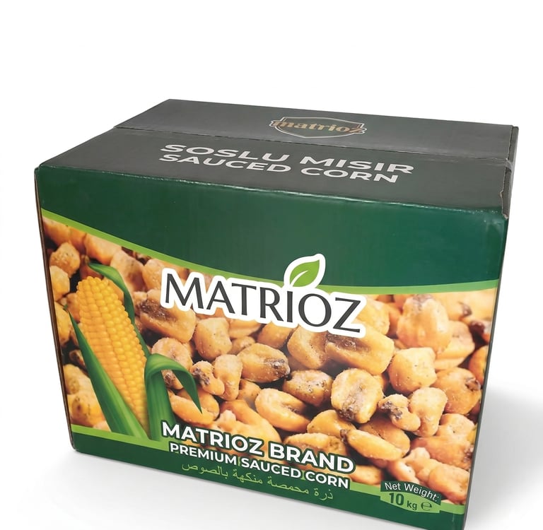 A bulk 10kg box of Matrioz brand premium sauced roasted corn kernels on a white background.