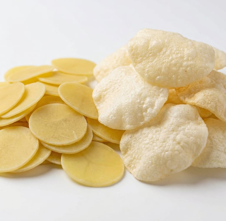 Fried and raw round potato chips or papadums snack isolated on white background.