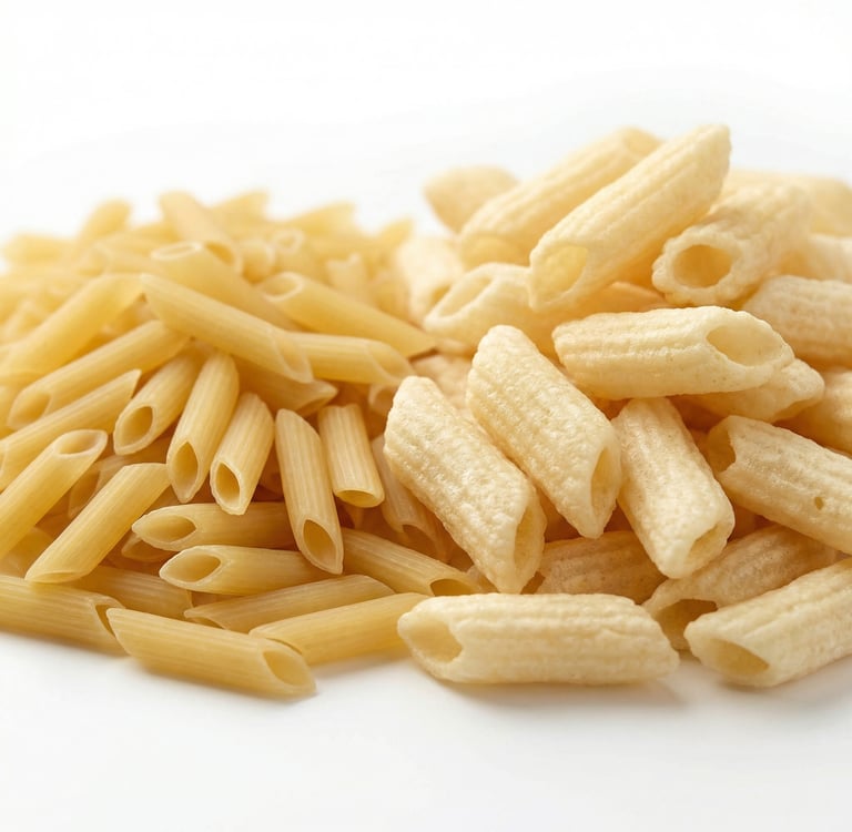 A side-by-side comparison of raw penne pasta and puffed pasta snacks on a white background.