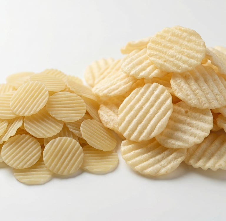 Crispy crinkle cut potato chips and ridged snack wafers piled on a white background.