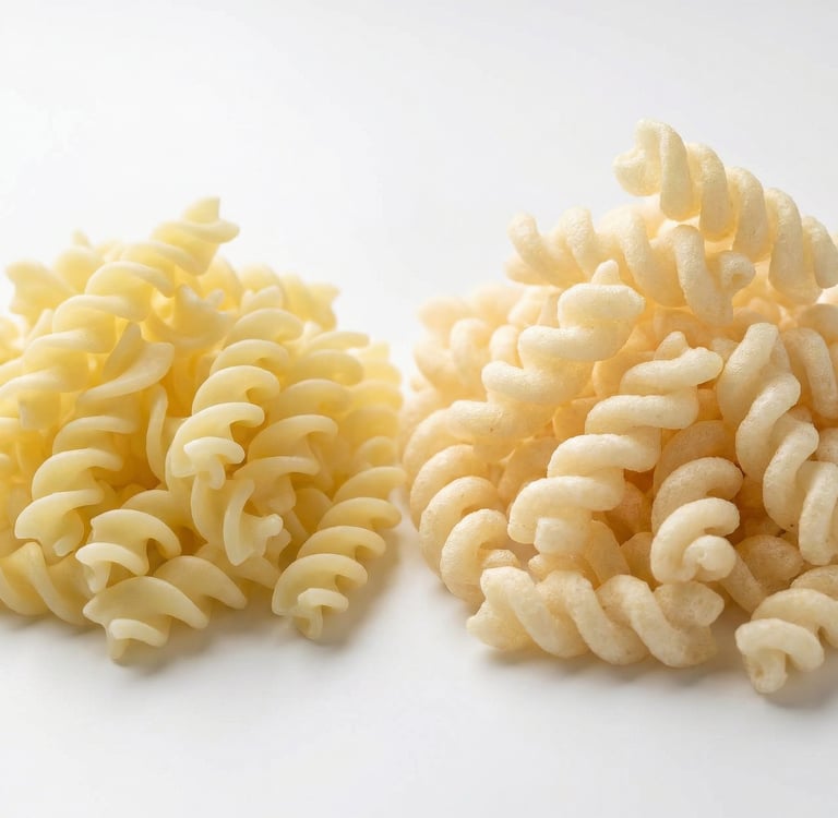 Two piles of spiral fusilli pasta, one classic yellow and one pale white, on a clean white surface.