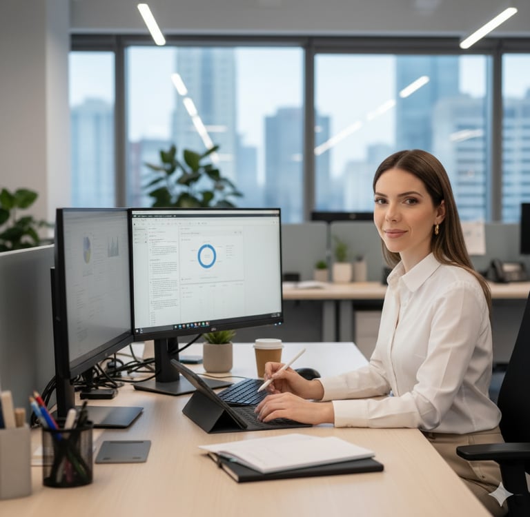 Mariane Amorim, Founder of My Expert Recruiter, working at her desk in a modern office environment.