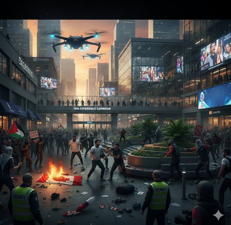 a group of people standing around a fire pit