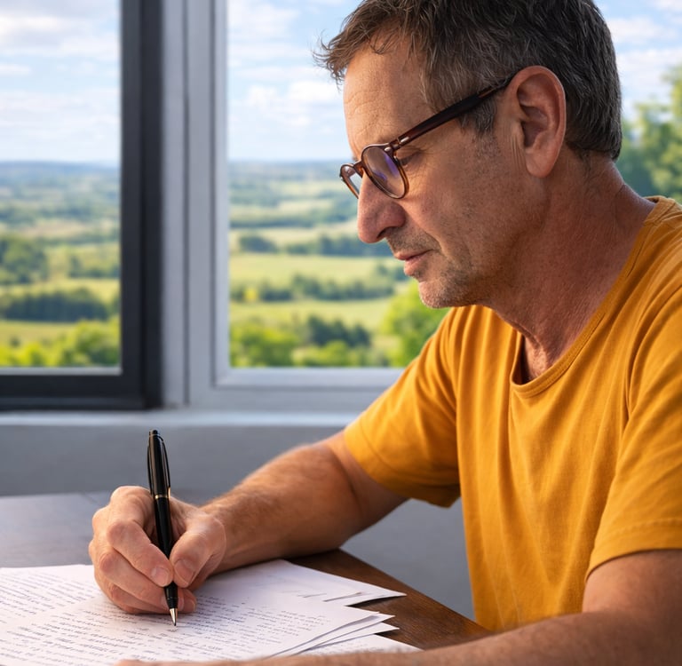 Author Patrick Vassilieff writes on paper at a desk overlooking a scenic landscape.