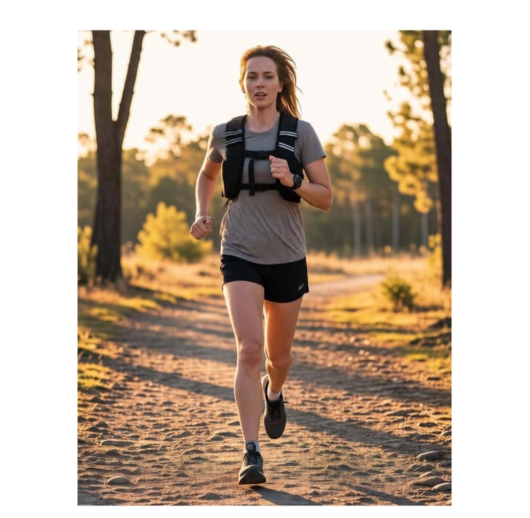 Woman running on a dirt trail at sunset while wearing a black weighted vest, athletic shorts, and a 
