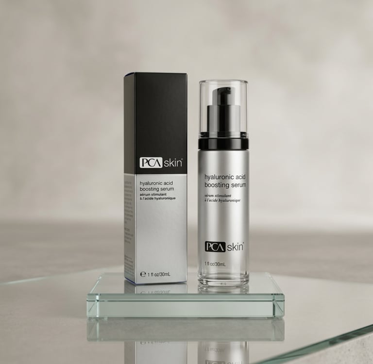 PCA Skin hyaluronic acid boosting serum bottle and box on glass surface