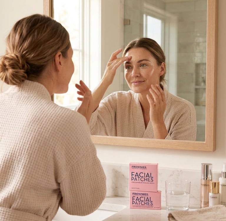 Woman applying a facial patch in a bathroom mirror with facial patch products on the counter