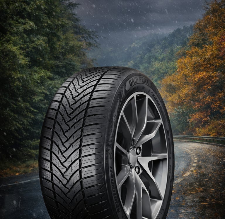 Durable winter tire with deep treads on a snowy road for enhanced traction and safety.