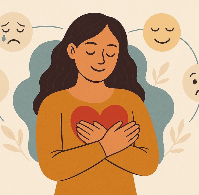 a woman holding a heart in front of a circle of emoticions