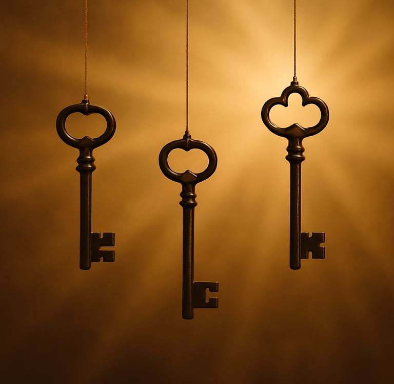 Trois clés suspendues dans un ciel doré, symbolisant les choix inconscients et les chemins possibles