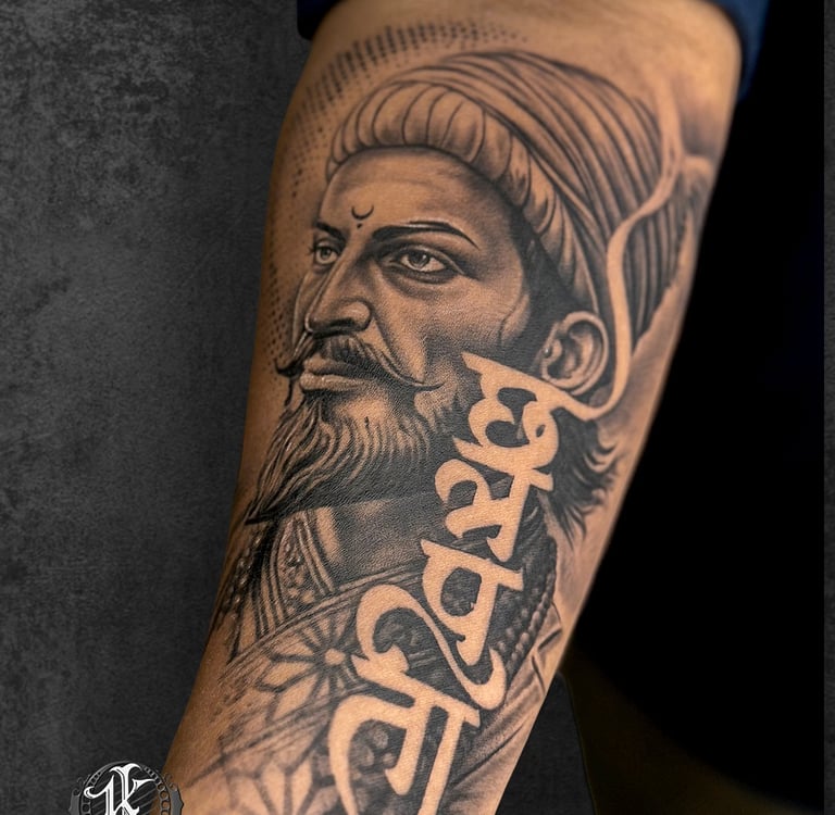 Realistic portrait tattoo with Devanagari script on forearm by professional tattoo artist in Navi Mu